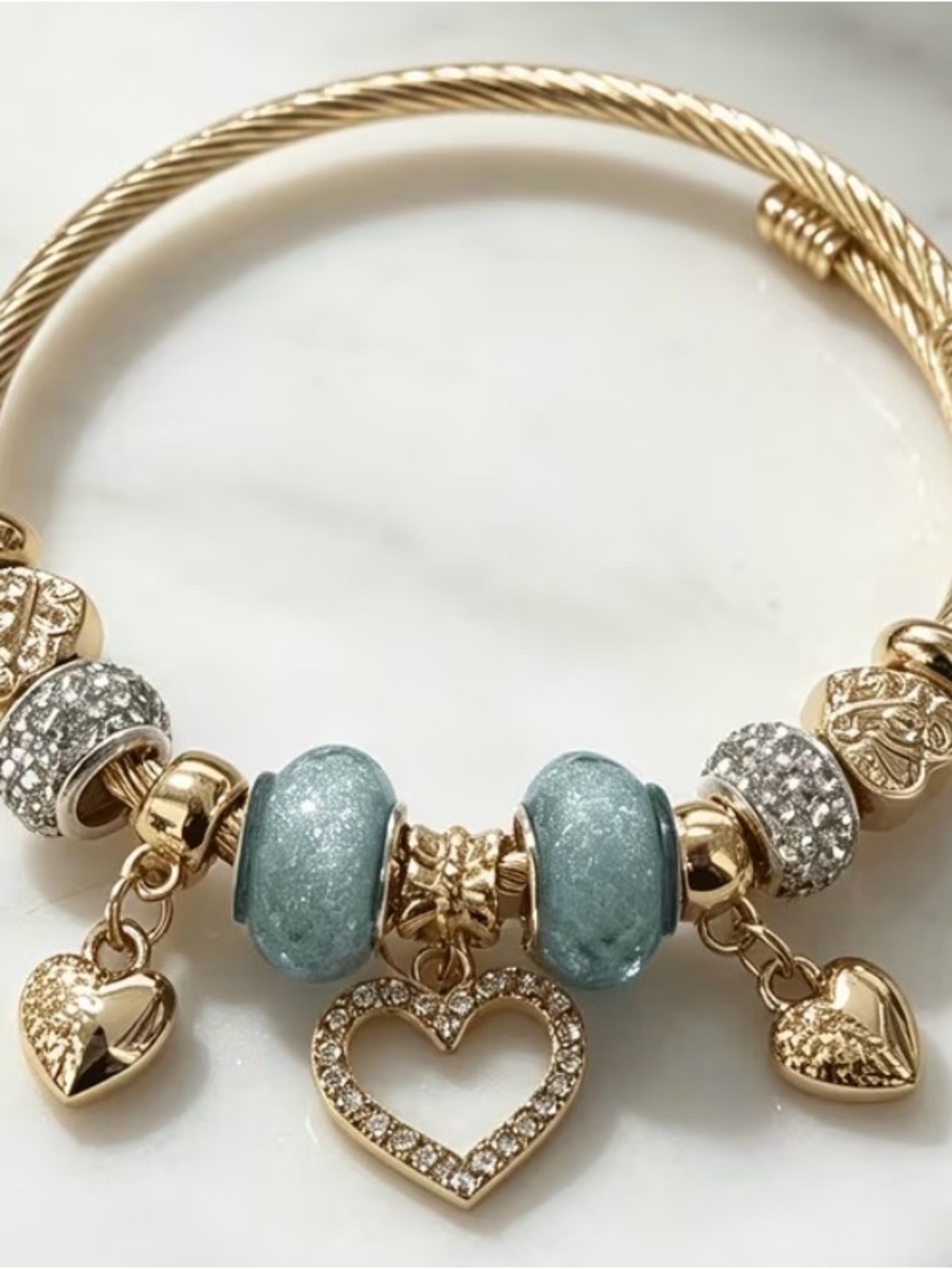 Gold-Tone Charm Bracelet with Blue Glitter Glass Beads